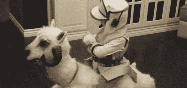 This Child Jedi riding a Tauntaun costume is winning in the originality department
