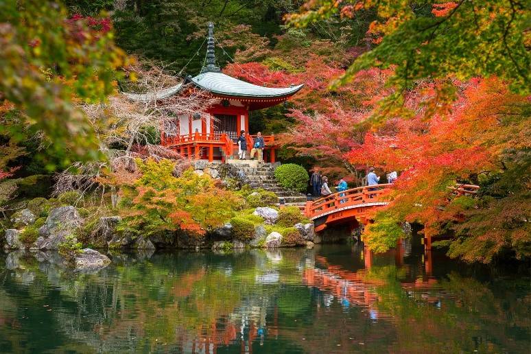 Autumn pagoda and ancient bridge