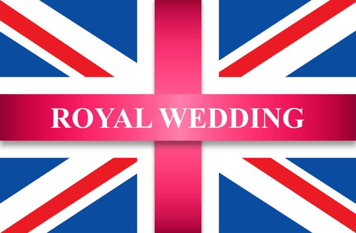 Royal wedding on great britain flag with pink ribbon