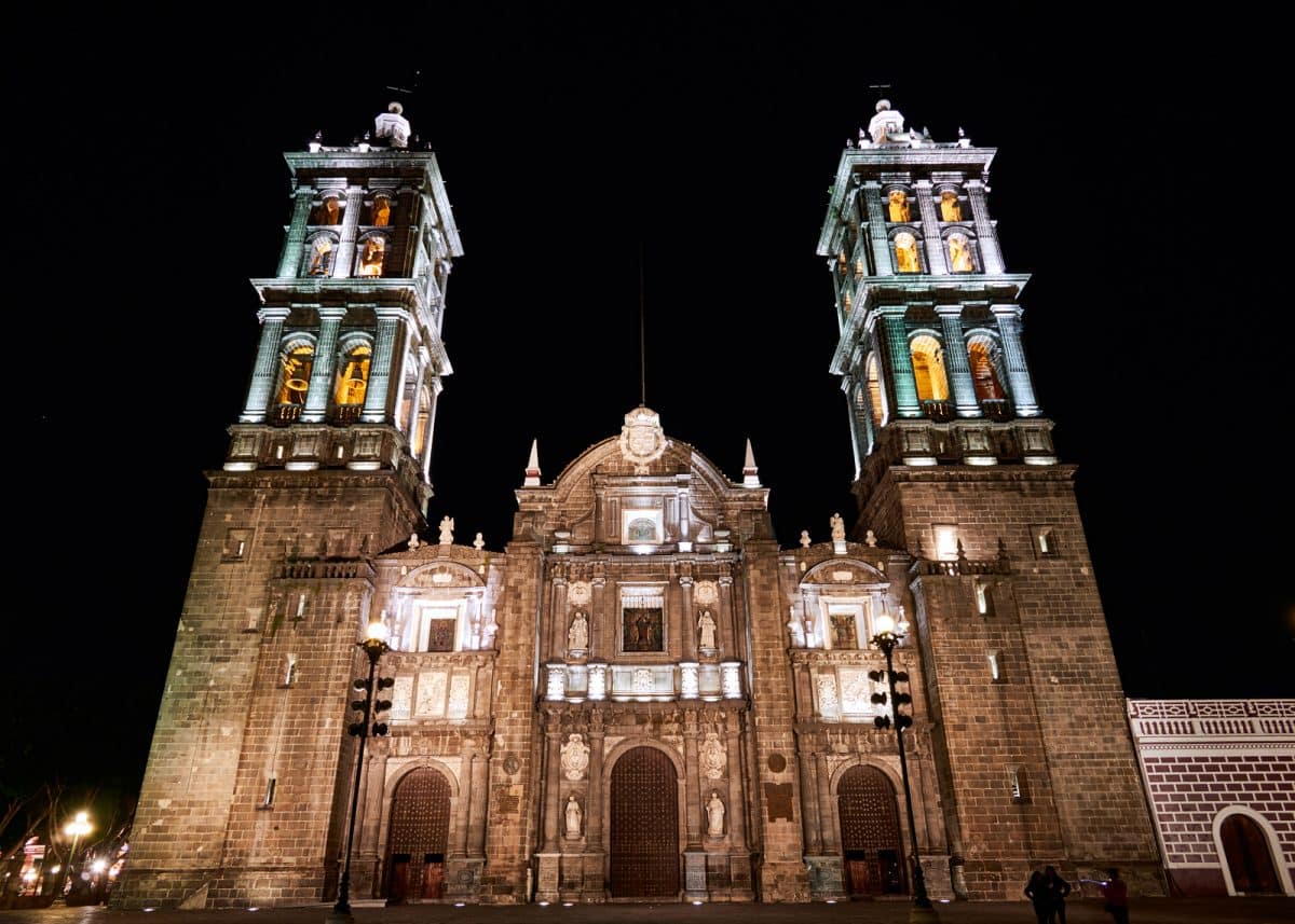 Front view of Cathedral of puebla at night, Puebla de Zaragoza, Mexico