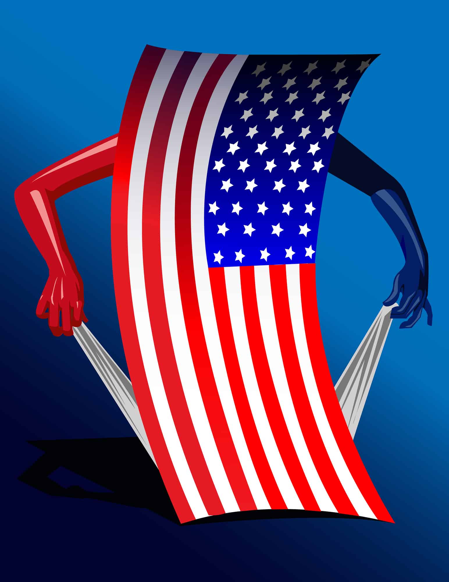 An American flag, standing on end, with human arms pulling on empty pocket indicating they are empty.