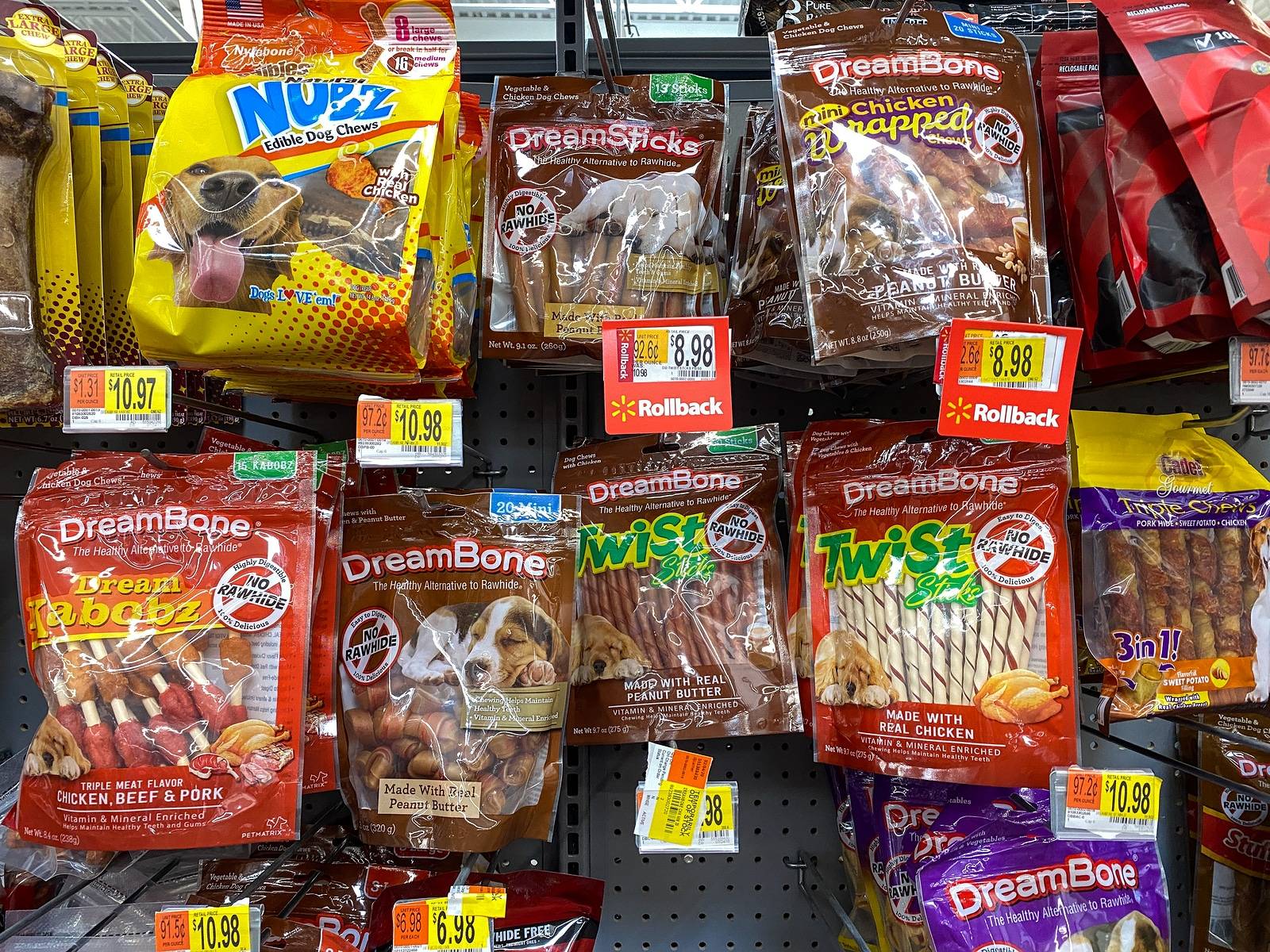 A display of a variety of dog treats in a Walmart, Dangerous Dog Treats