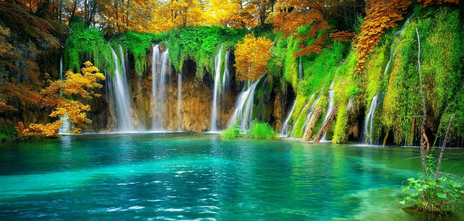 Exotic waterfall and lake landscape of Plitvice Lakes National Park