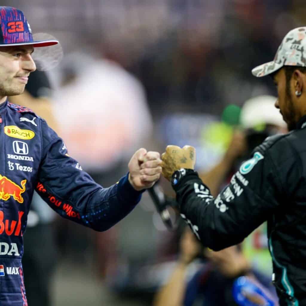 Max Verstappen of Red Bull Honda Racing and Lewis Hamilton of Mercedes