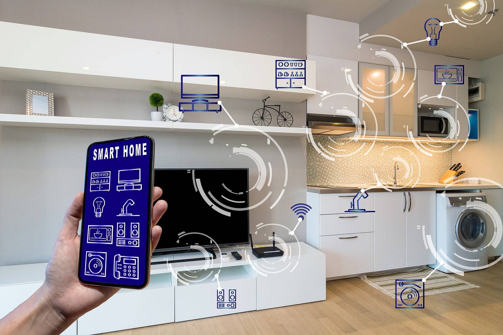 Smart Home And Augmented Reality Technology Concept, Hand Holdin