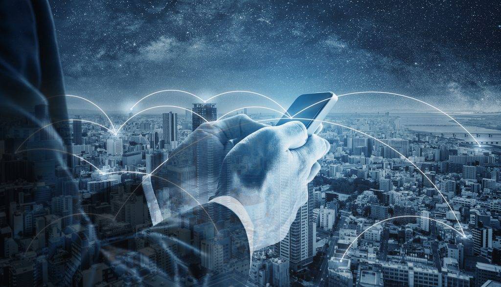 Business network, blockchain technology, internet connection and cloud technology. Double exposure businessman using mobile smart phone, and network connection technology in the city.